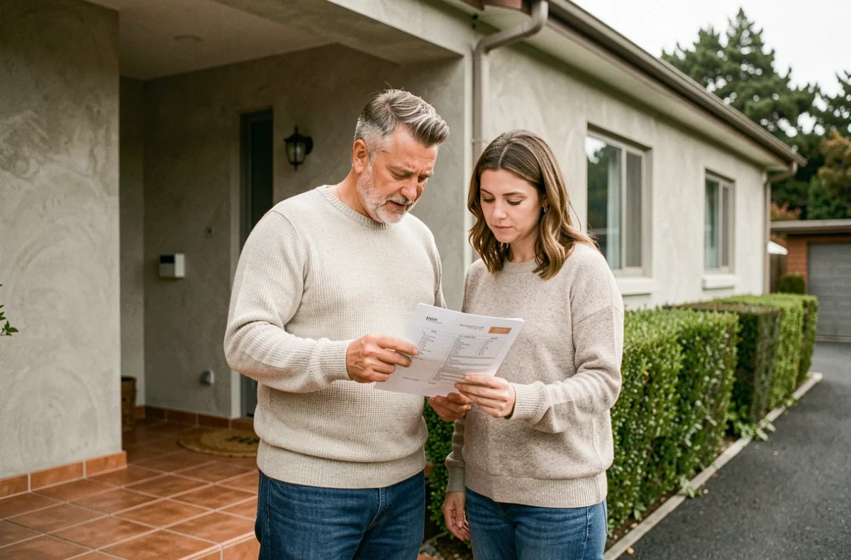 Couple examinant un contrat de location devant une maison plain-pied