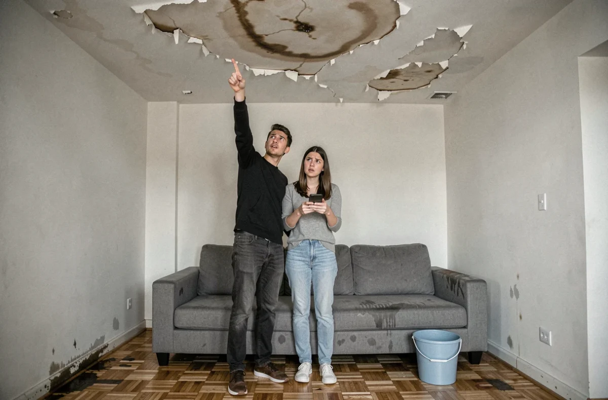 Couple constatant des dégâts des eaux au plafond de leur salon et documentant les dommages pour leur assurance habitation