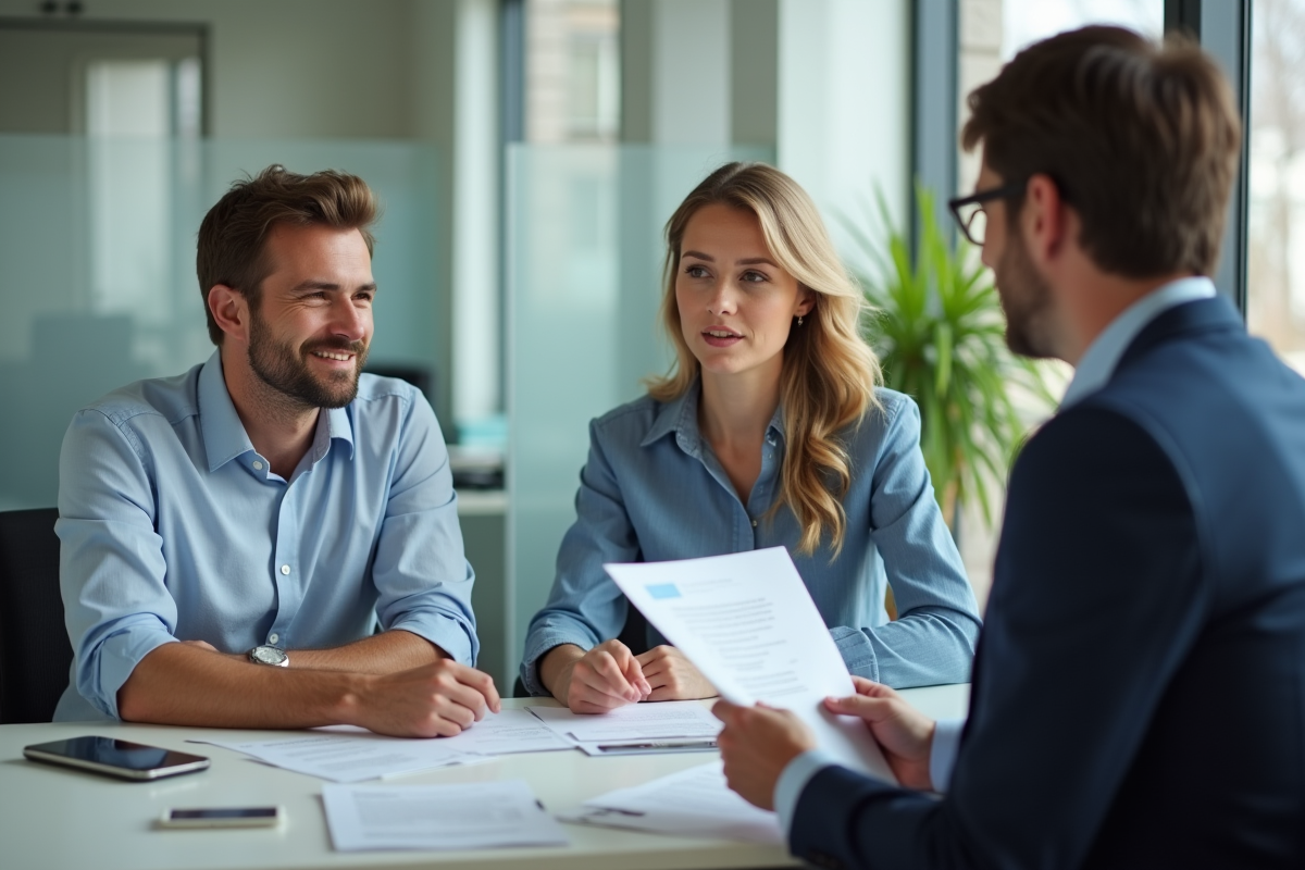 Couple discutant avec un conseiller bancaire sur un prêt immobilier