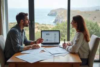 Couple étudiant les documents fiscaux et financiers d'un achat immobilier avec vue mer