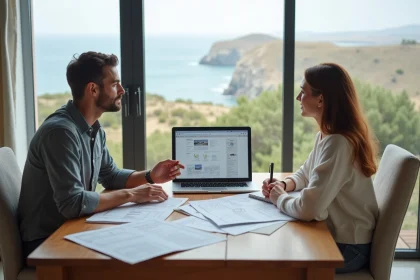 Couple étudiant les documents fiscaux et financiers d'un achat immobilier avec vue mer