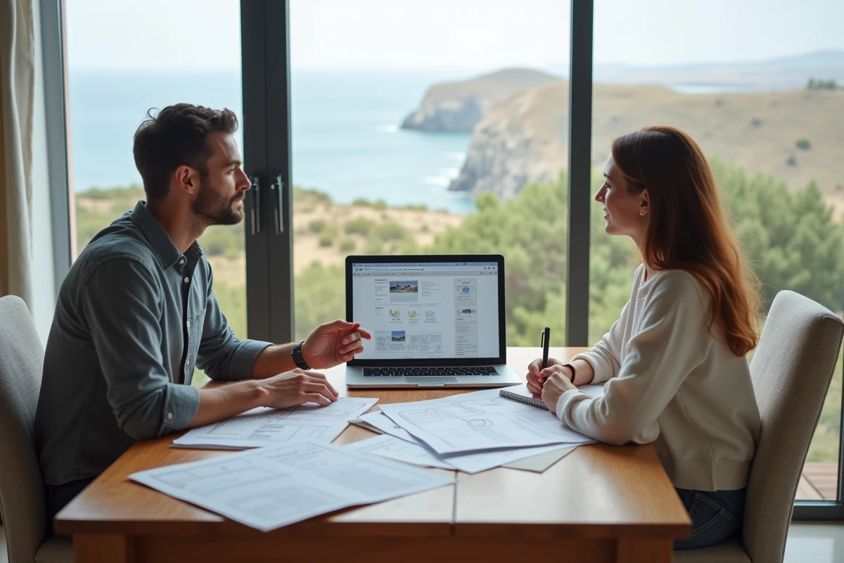 Couple étudiant les documents fiscaux et financiers d'un achat immobilier avec vue mer