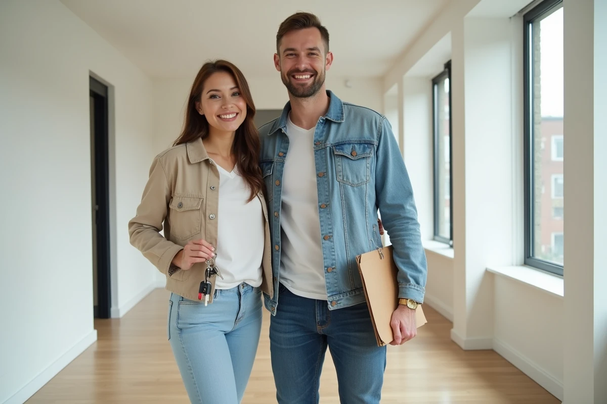 Couple emménageant sereinement dans un nouvel appartement Nidost avec clés et checklist