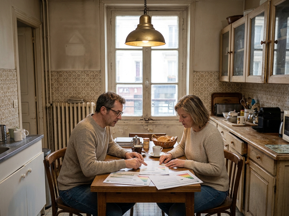 Couple examinant le diagnostic de performance énergétique et les devis de rénovation d'un appartement classé G