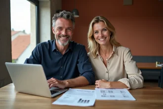 Couple toulousain étudiant un dossier de prêt immobilier PSLA autour d'une table avec des documents financiers