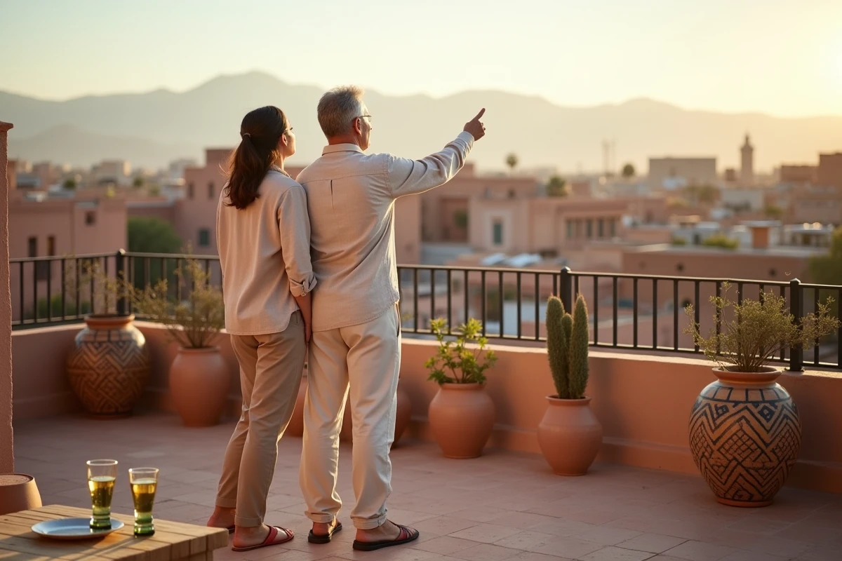 Couple d'expatriés examinant les plans d'un appartement sur une terrasse avec vue sur la médina de Marrakech