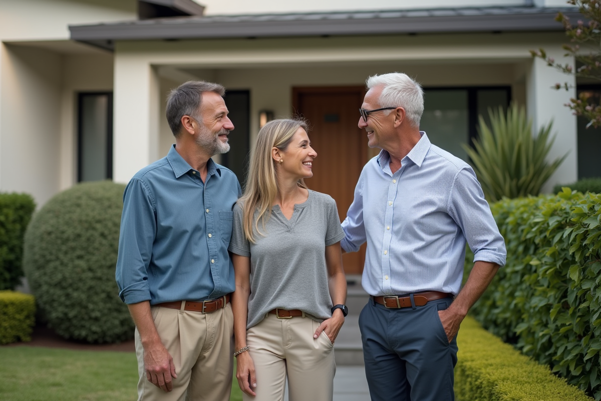 Couple heureux avec agent immobilier devant une maison moderne