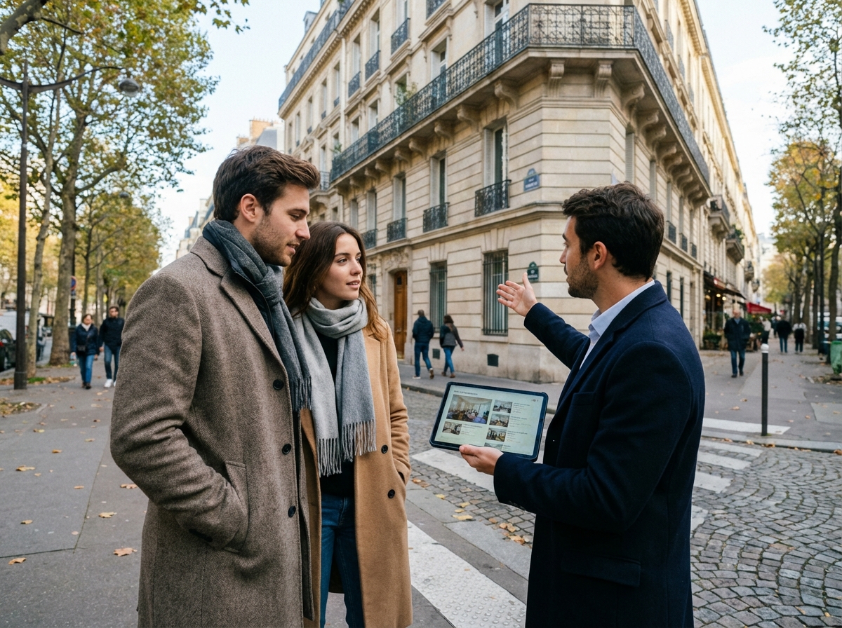 Jeune couple discutant avec agent immobilier dans la rue