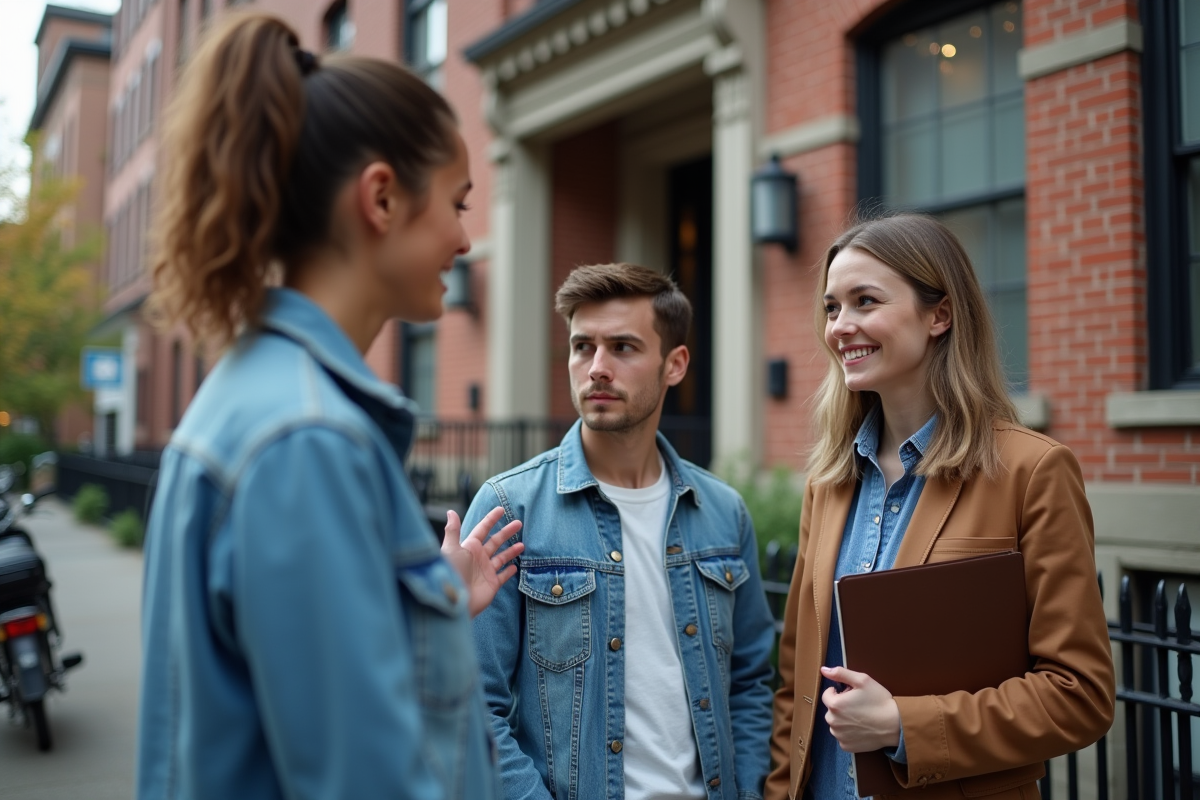 Jeune couple et agent immobilier devant un immeuble urbain