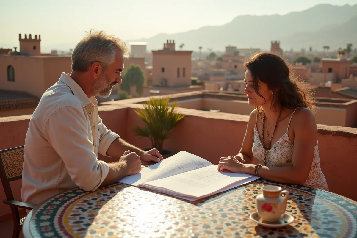 Couple étudiant des plans immobiliers sur une terrasse avec vue panoramique sur les toits de Marrakech