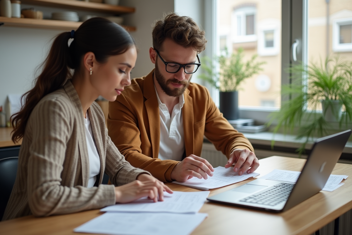 Jeune couple étudiant des documents dans une cuisine moderne