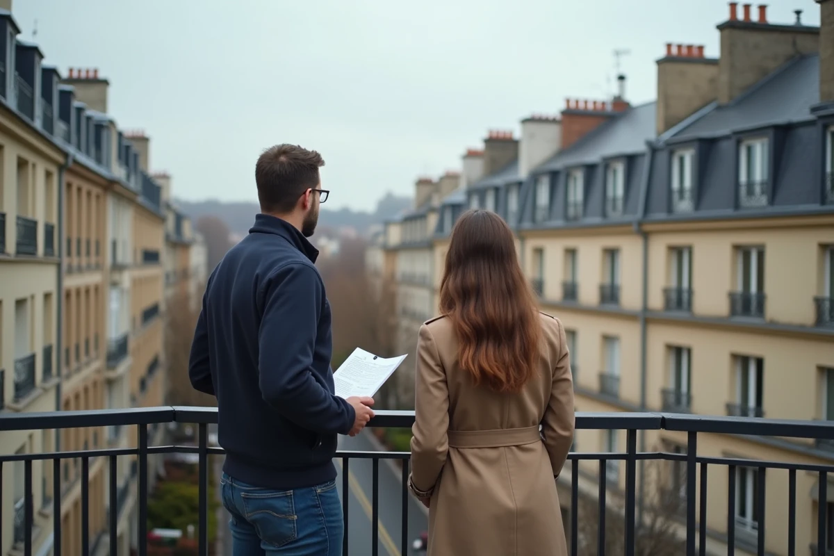 Couple sur le balcon d'un appartement intermédiaire en milieu urbain français tenant un document d'éligibilité au logement