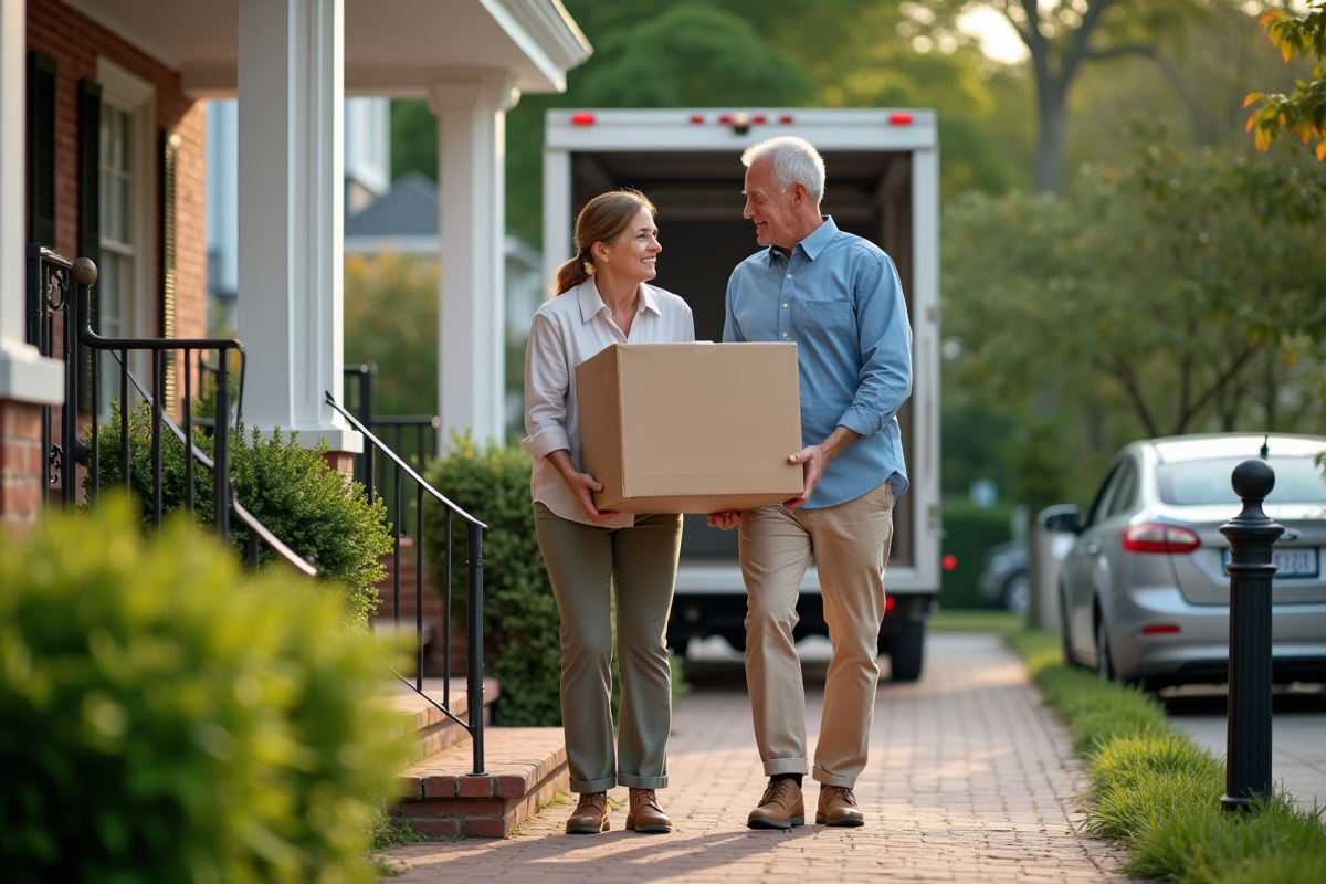 Homme et femme portant une grande boîte dans une rue résidentielle