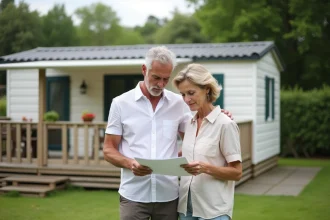 Couple de propriétaires devant leur mobil-home dans un parc résidentiel de loisirs, consultant des documents fiscaux relatifs à la loi ALUR
