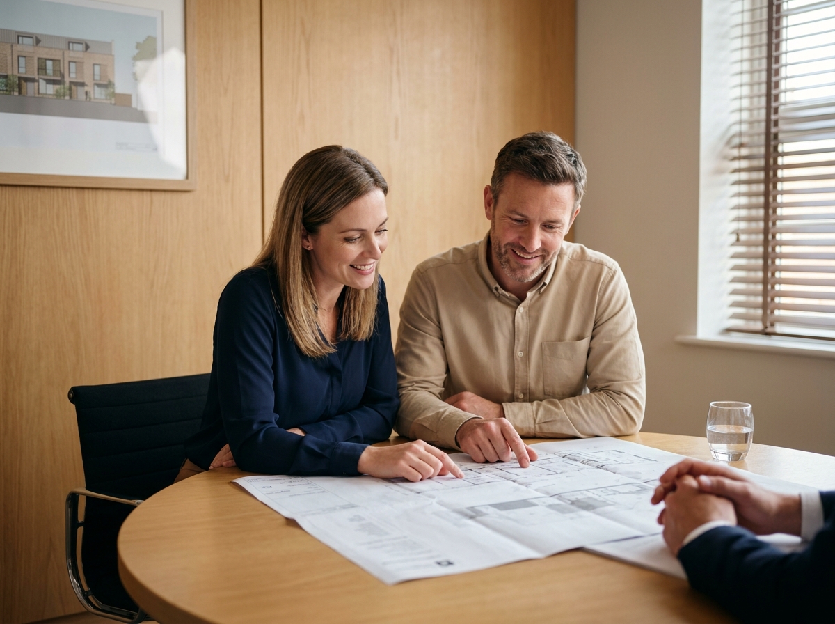 Couple de futurs propriétaires en réunion avec un architecte pour discuter des plans de leur maison personnalisée