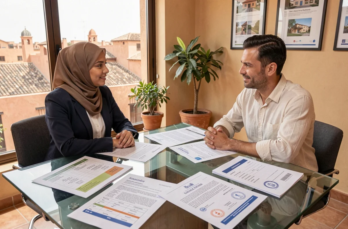 Couple achetant un appartement à Marrakech en signant les diagnostics immobiliers obligatoires avec un agent immobilier