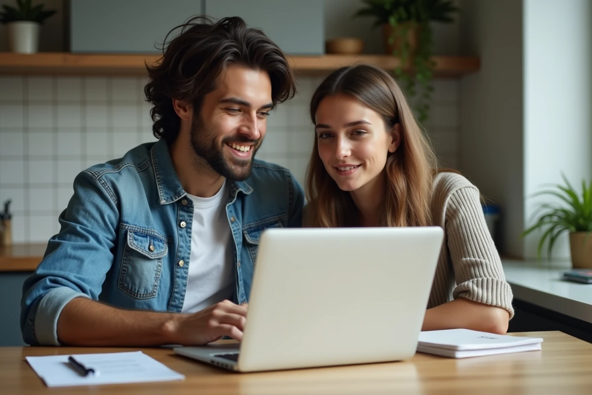 Couple consultant leurs emails pour suivre leur dossier de logement social après avis favorable de commission d'attribution