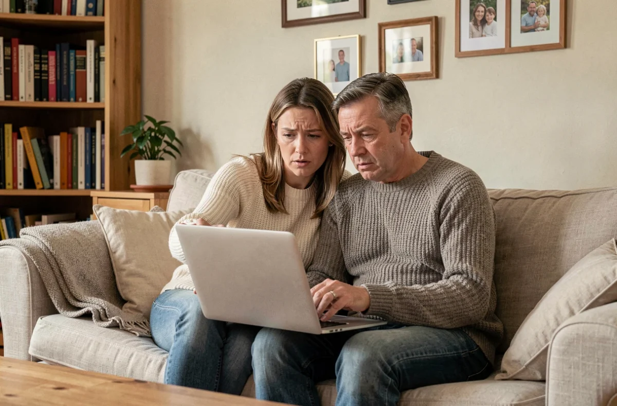 Couple comparant des tarifs d'assurance habitation en ligne dans leur salon à Creil