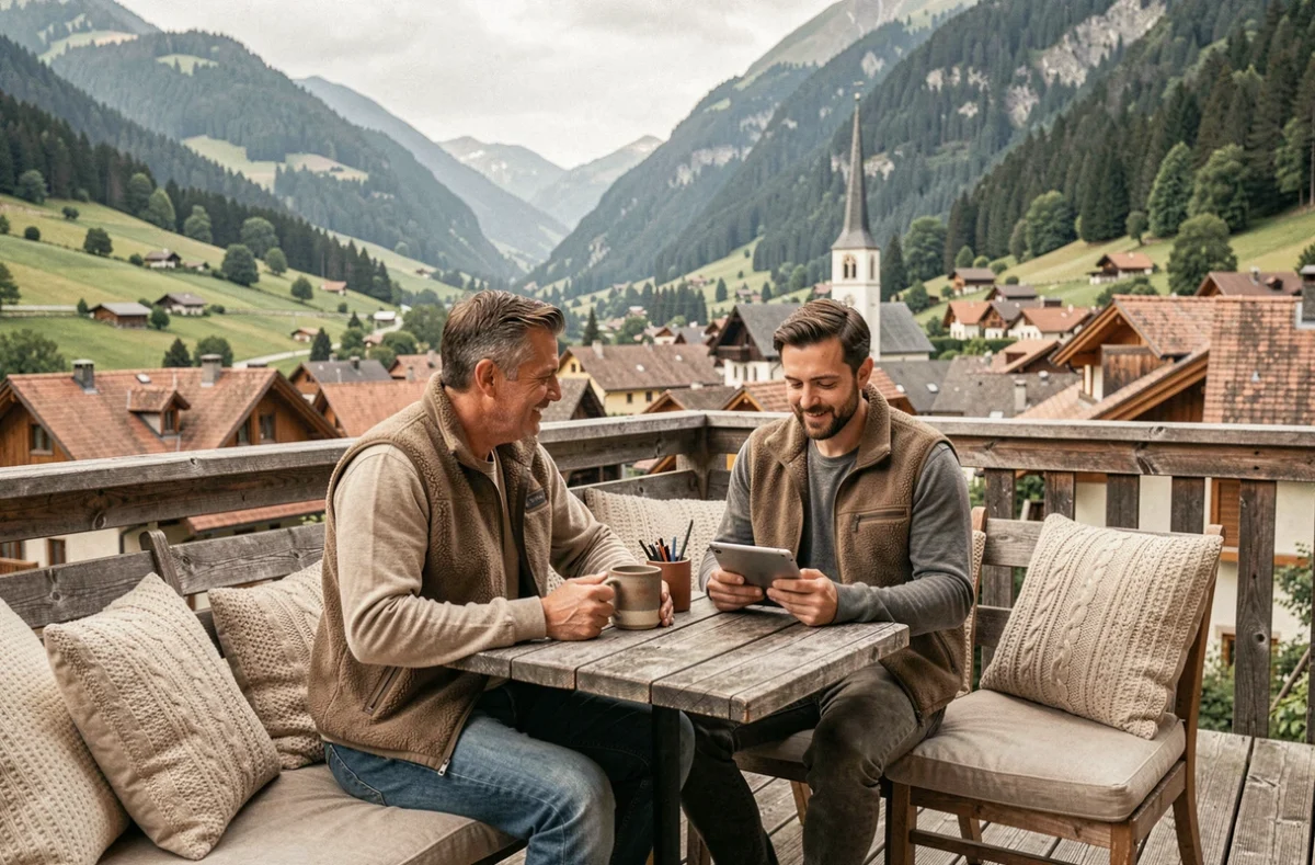 Couple de télétravailleurs profitant d'une pause sur une terrasse avec vue sur un village de Haute-Savoie