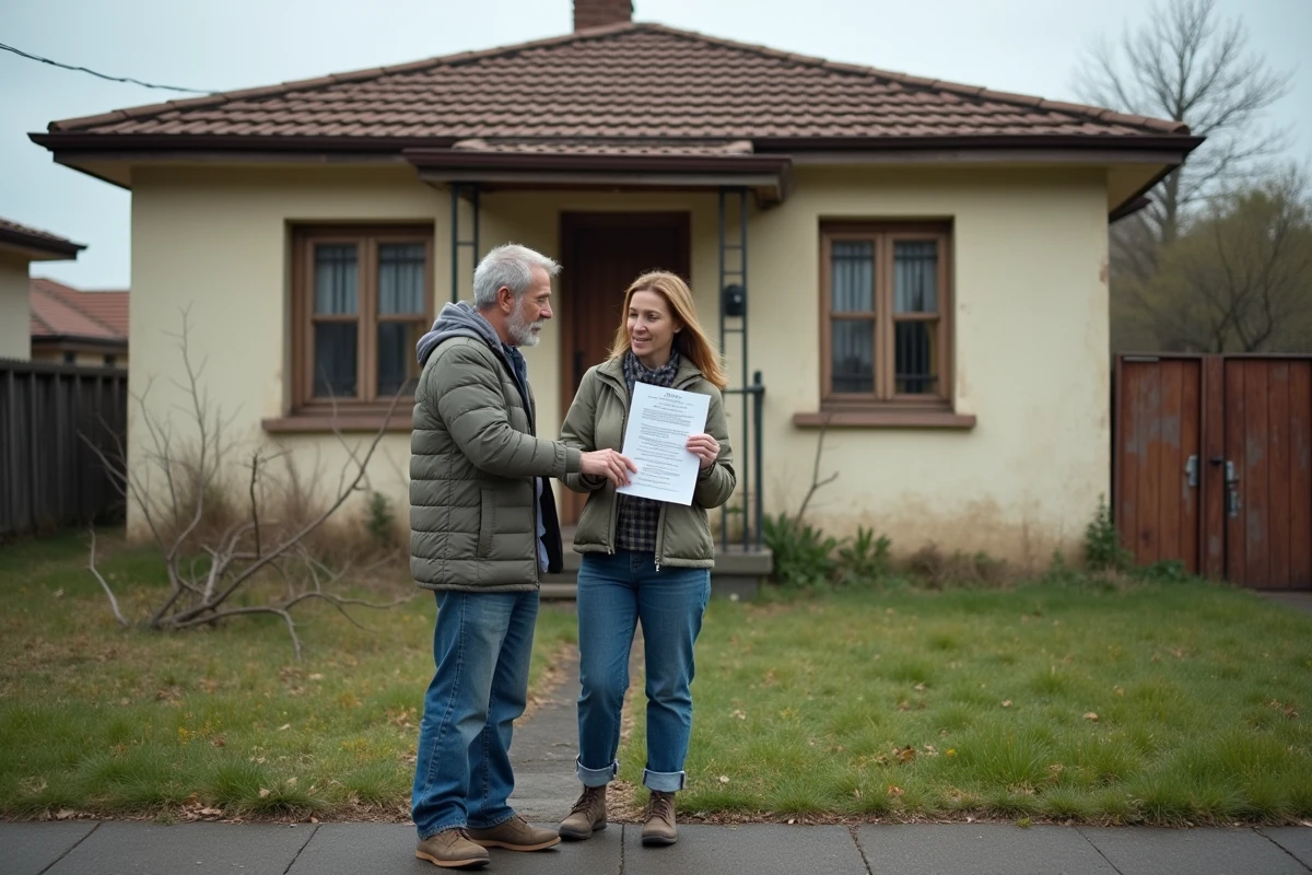 Couple inspectant une maison à donner gratuitement devant la façade d'une propriété abandonnée