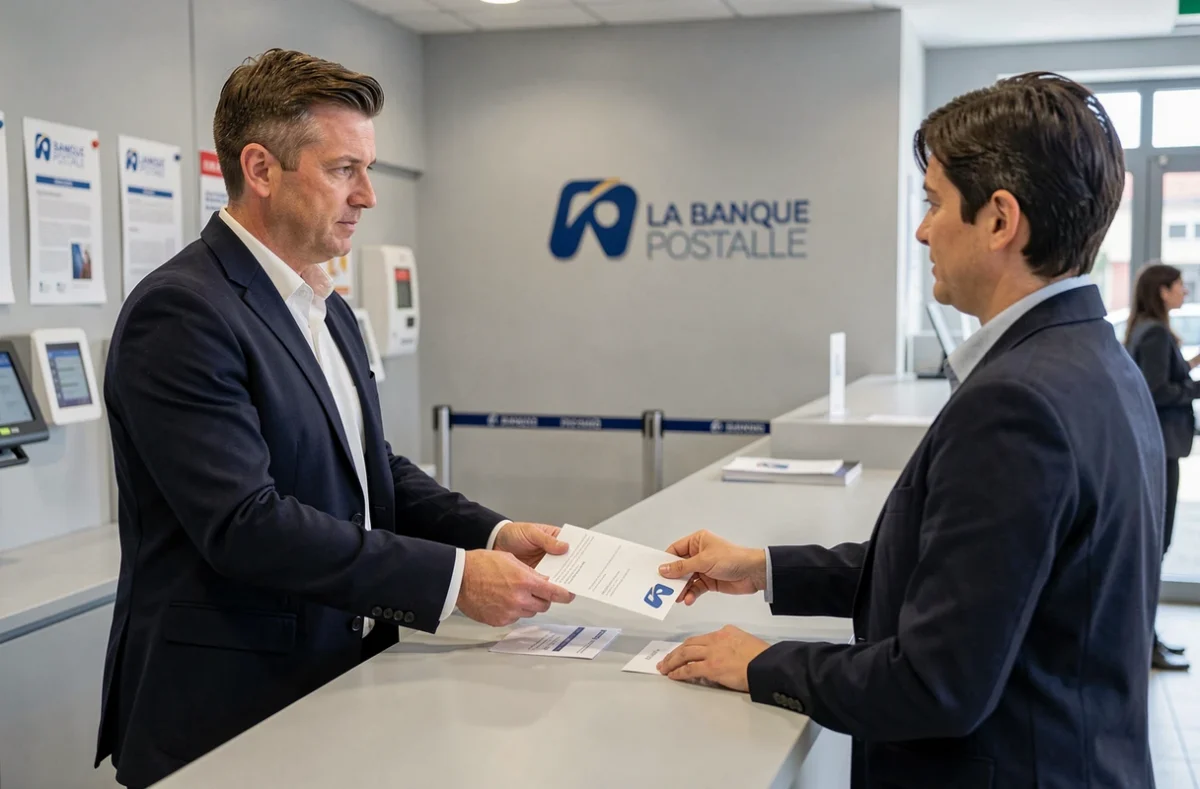 Client remettant une lettre de résiliation d'assurance à un guichet de la Banque Postale