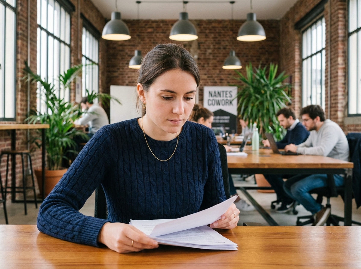 Professionnelle travaillant dans un espace de coworking à Nantes, ambiance moderne et collaborative avec murs en briques