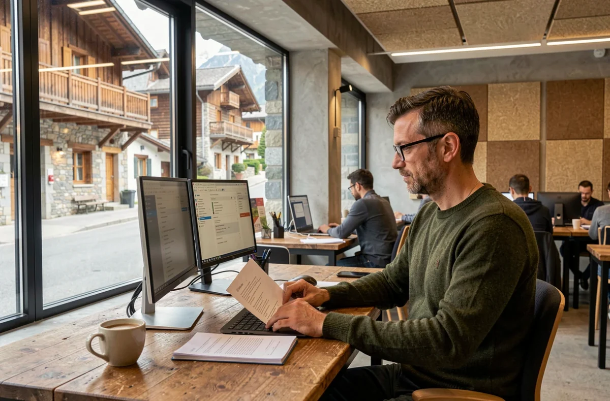 Homme en télétravail dans un espace de coworking d'un village alpin de Haute-Savoie