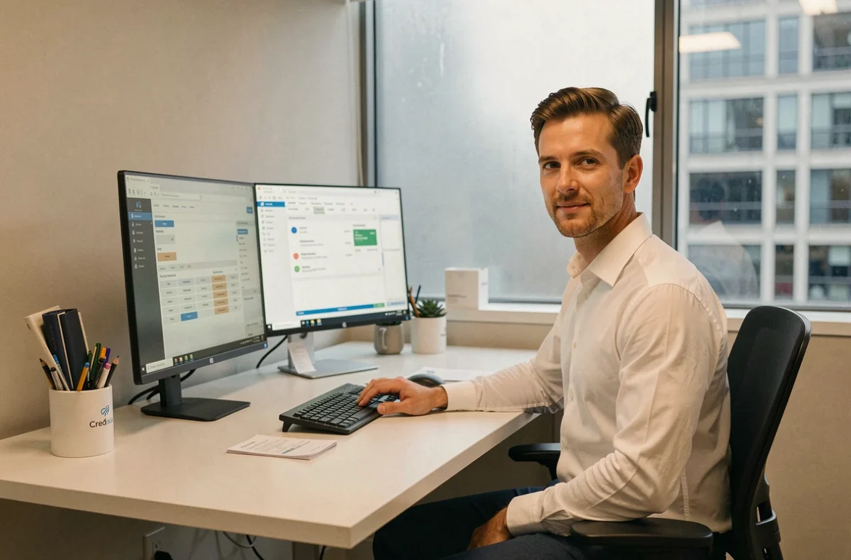 Courtier Credixia travaillant sur une simulation de prêt immobilier devant des écrans dans un bureau épuré
