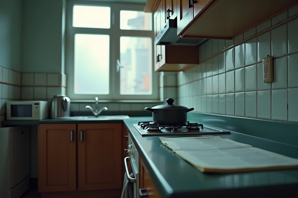 Cuisine d'un logement meublé avec équipements manquants et inventaire posé sur le plan de travail
