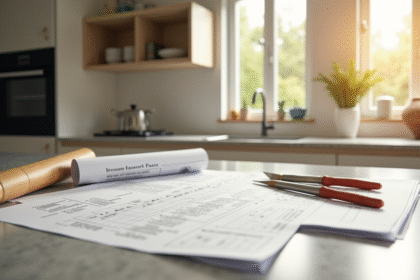 Cuisine moderne en renovation avec outils et plans