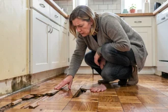 Femme inspectant des dégâts des eaux sur un parquet gonflé dans une cuisine après une fuite d'eau sous l'évier