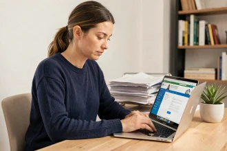 Femme consultant le site de demande d'aide au logement en ligne sur son ordinateur portable depuis son bureau à domicile