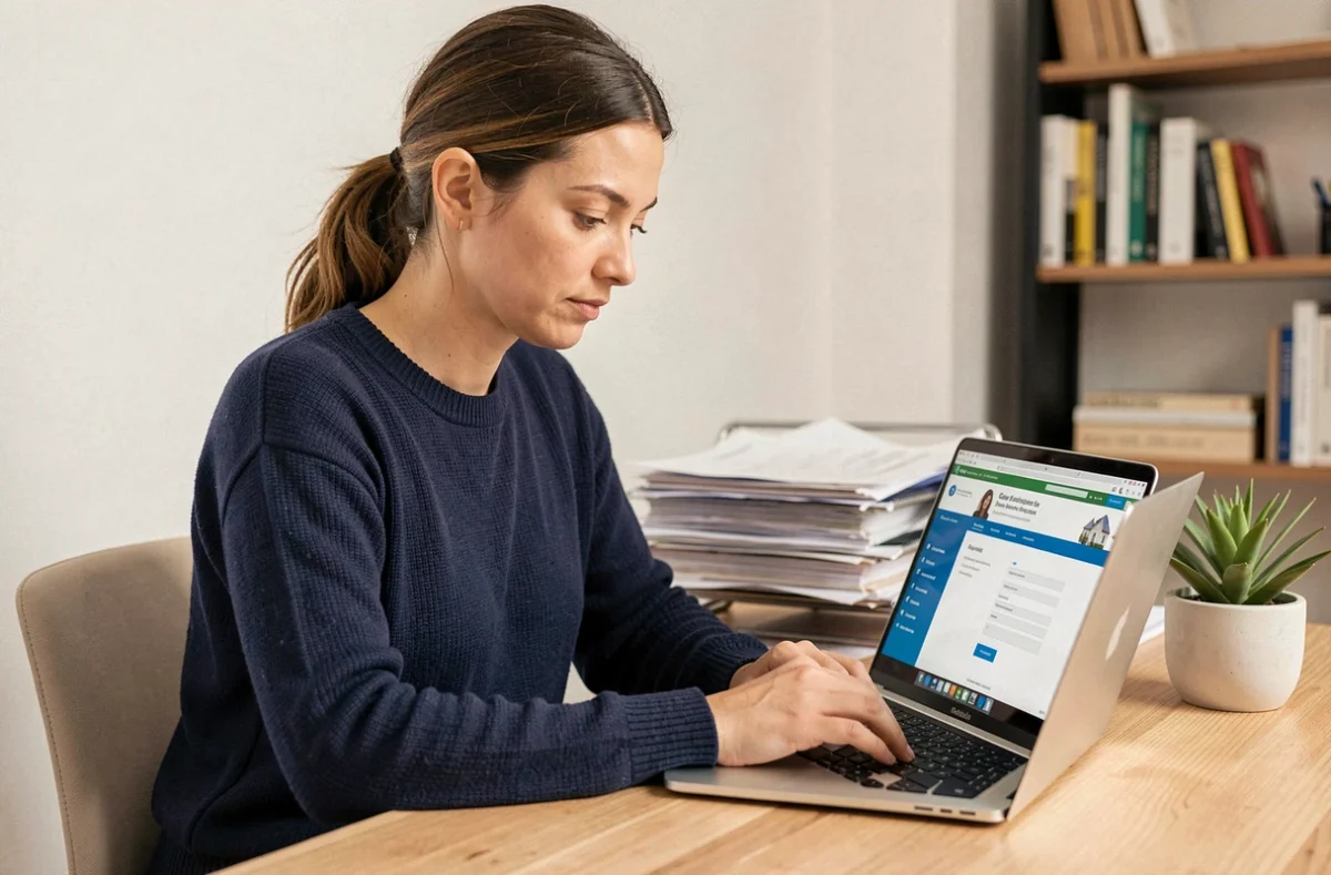 Femme consultant le site de demande d'aide au logement en ligne sur son ordinateur portable depuis son bureau à domicile