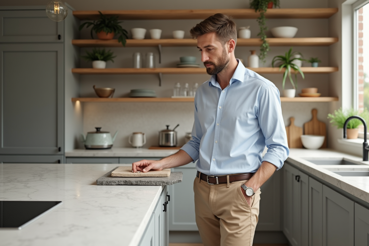 Designer de cuisine montrant un échantillon de plans de travail