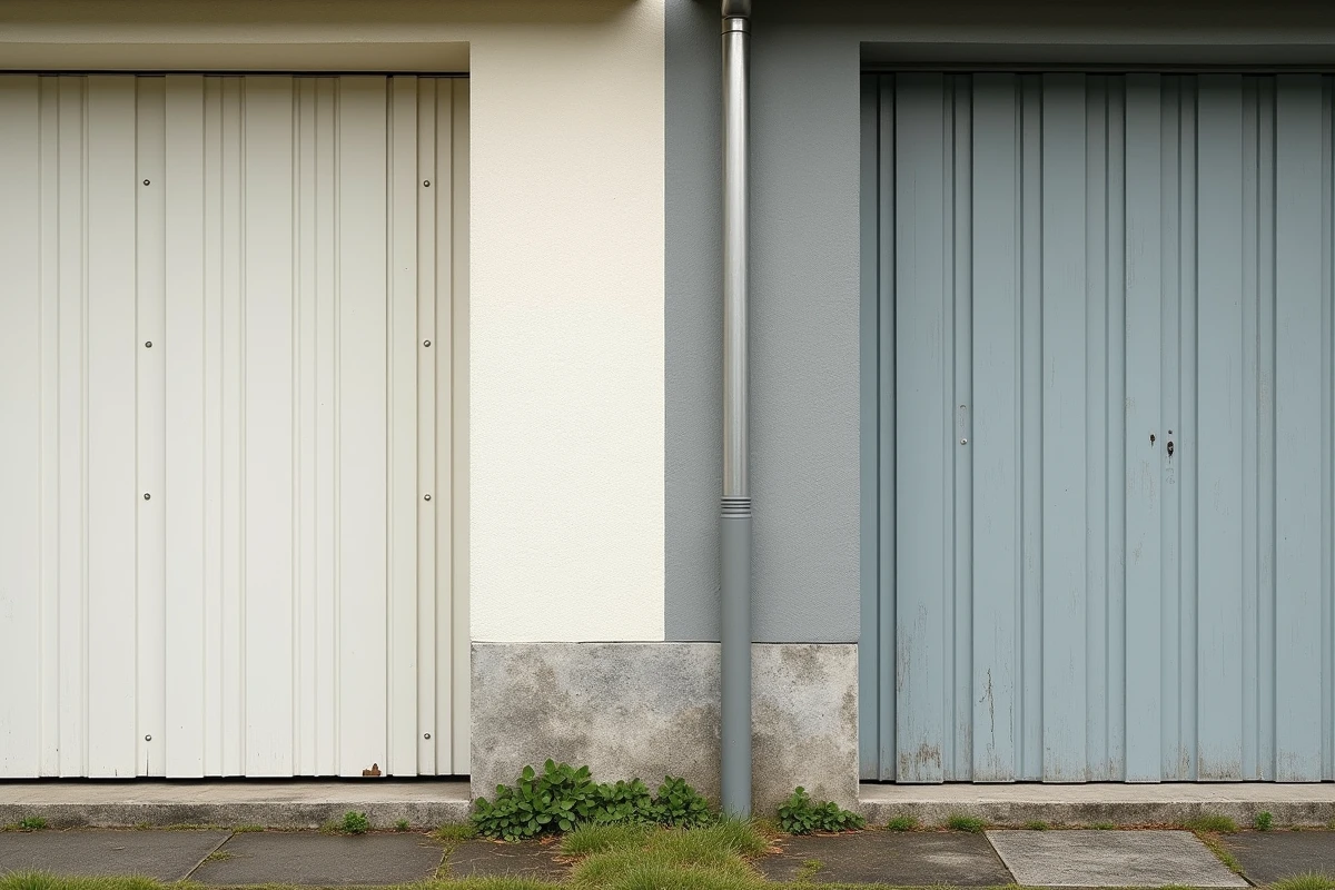 Détail architectural du mur de séparation entre deux garages mitoyens montrant deux entretiens distincts de chaque côté de la limite