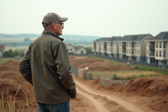 Homme regardant un nouveau lotissement en banlieue