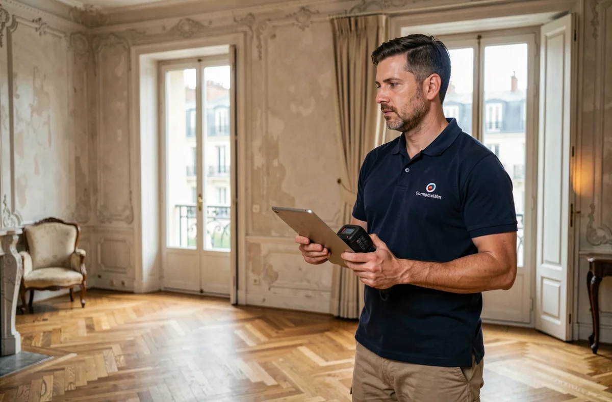 Diagnostiqueur immobilier professionnel inspectant un appartement haussmannien à Paris avec tablette et équipement de détection