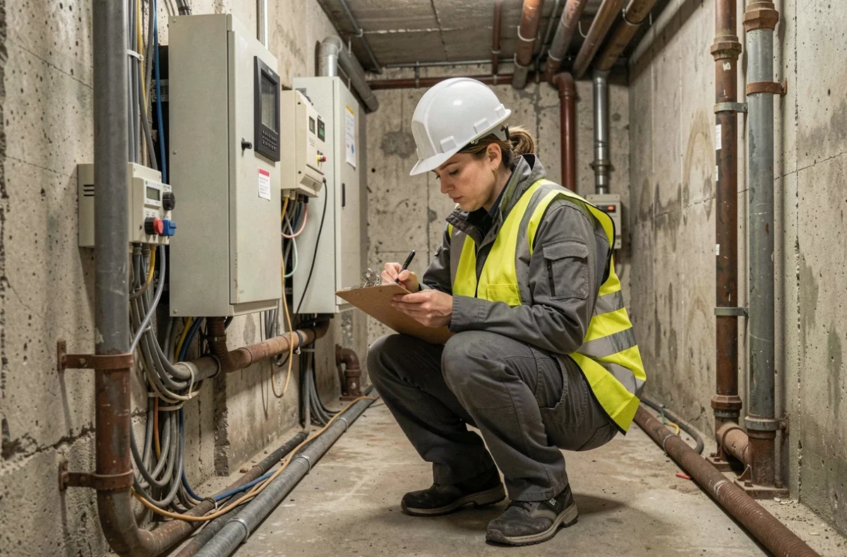 Diagnostiqueure immobilière en tenue de sécurité contrôlant un tableau électrique dans une cave technique d'immeuble parisien