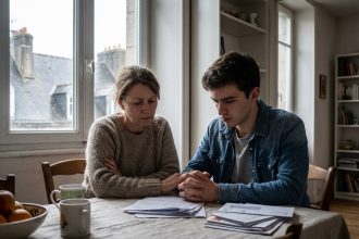 Femme et jeune homme discutant à la cuisine avec papiers