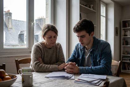 Femme et jeune homme discutant à la cuisine avec papiers