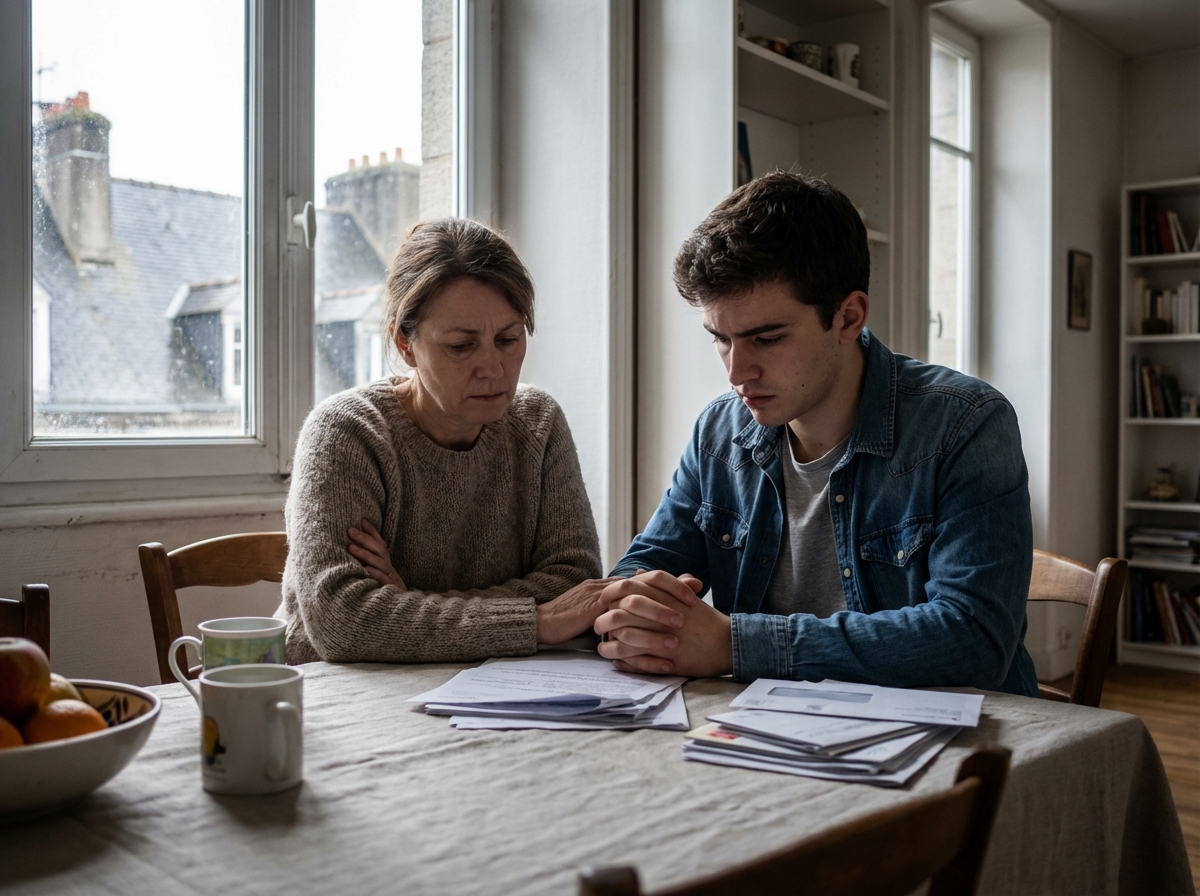 Femme et jeune homme discutant à la cuisine avec papiers