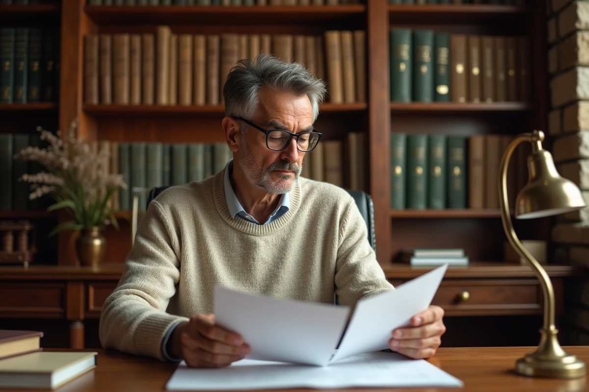Homme étudiant des documents officiels pour l'achat d'un appartement dans un bureau notarial en Andorre