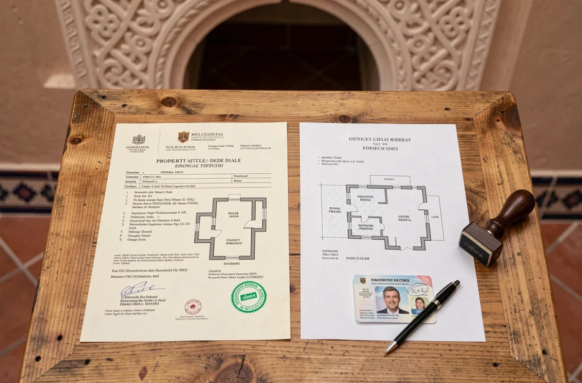Documents et diagnostics obligatoires pour la vente d'un appartement à Marrakech disposés sur une table en cèdre dans un riad