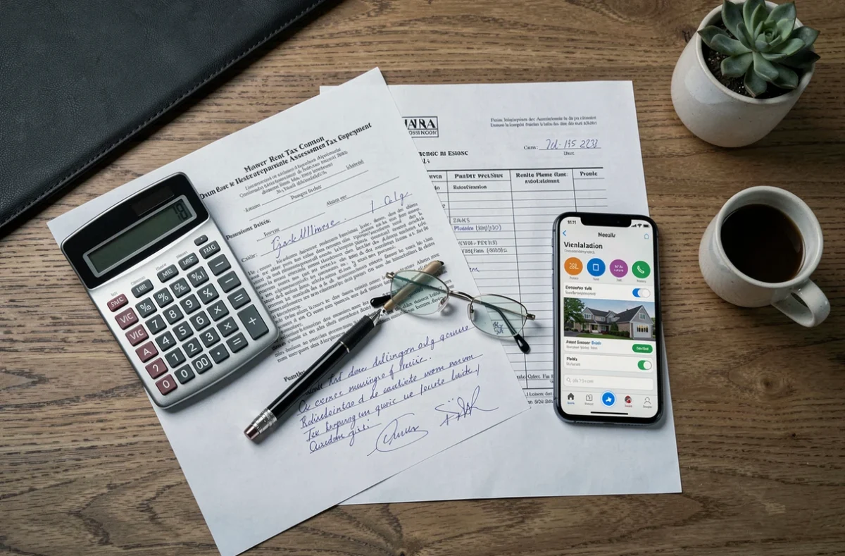 Documents de fiscalité immobilière et outils de gestion patrimoniale disposés sur un bureau d'expert