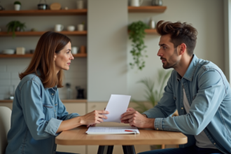 Femme d'âge moyen tendant un document à un jeune homme surpris