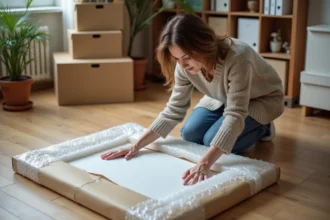 Femme emballant une peinture dans un salon cosy
