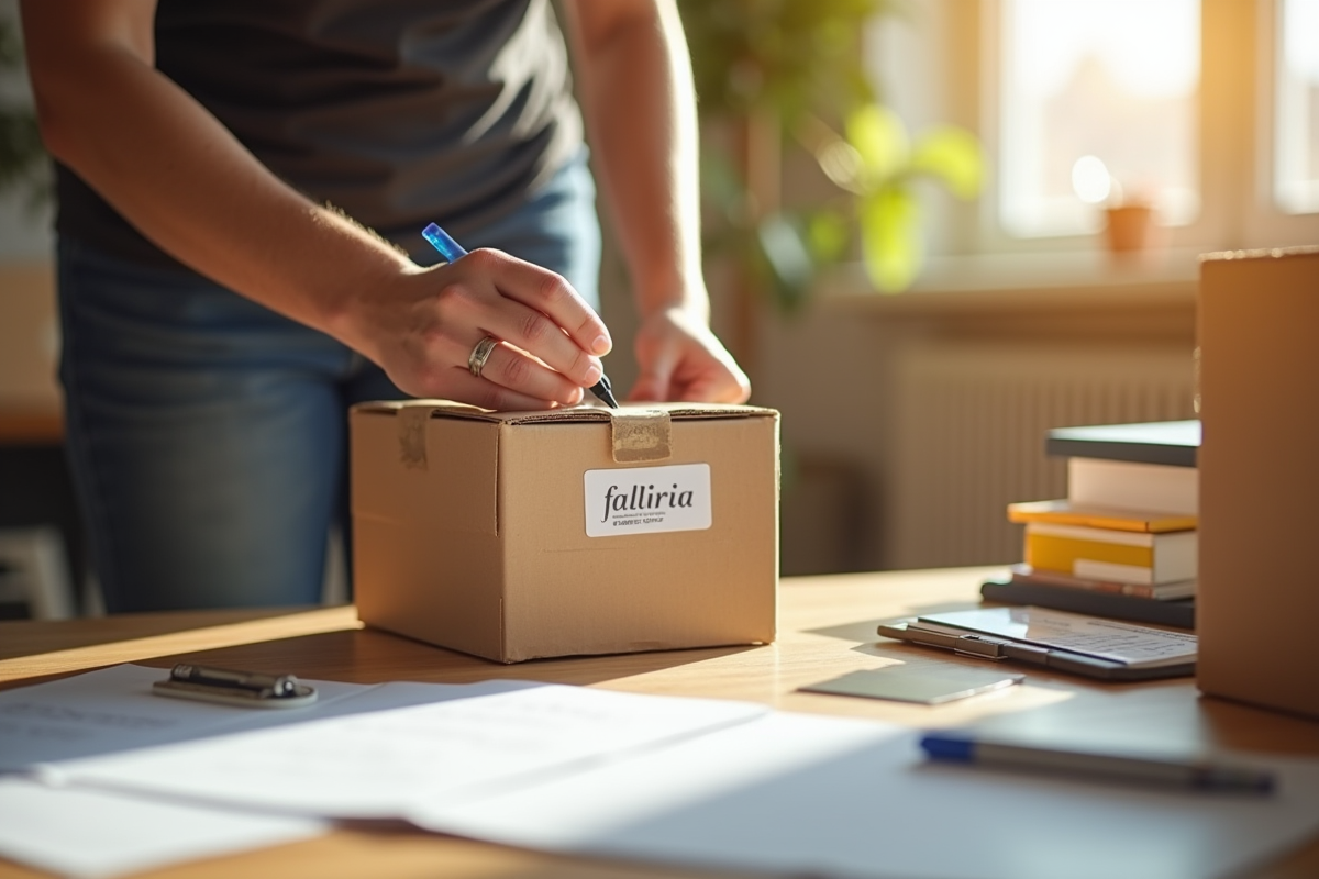 Mains étiquetant des cartons pour déménagement sur une table