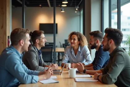 Groupe de professionnels en réunion dans un espace moderne