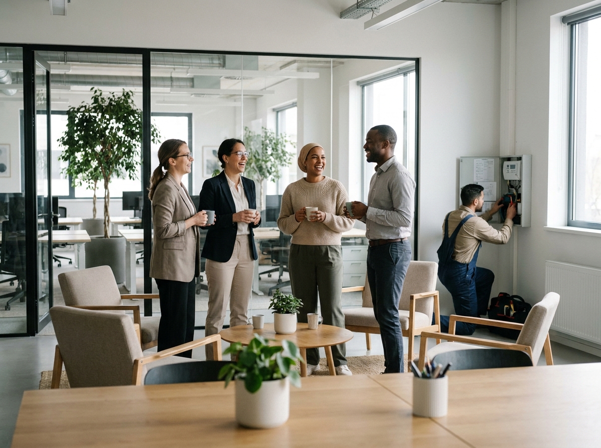 Groupe de collègues discutant dans un espace de travail ouvert