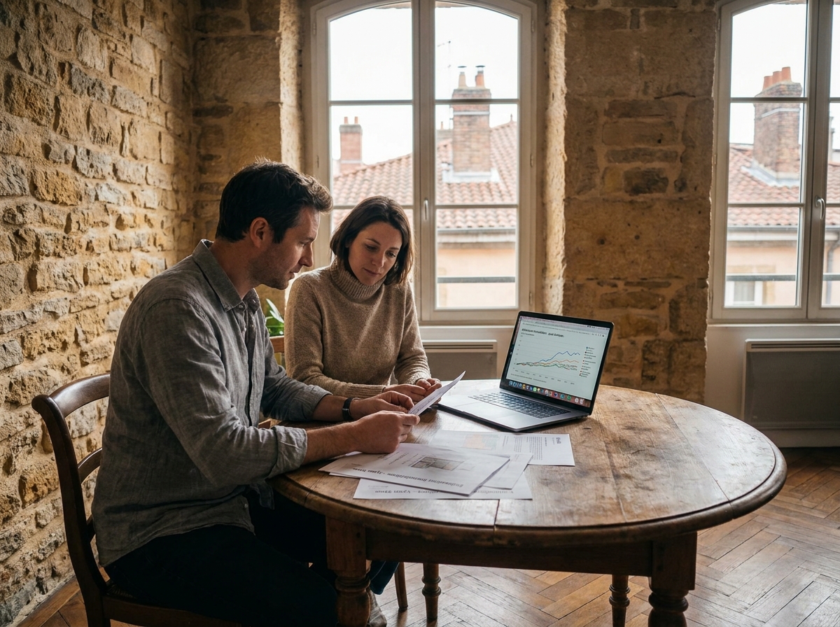 Couple consultant des documents d'estimation immobilière dans un appartement lyonnais aux murs en pierre
